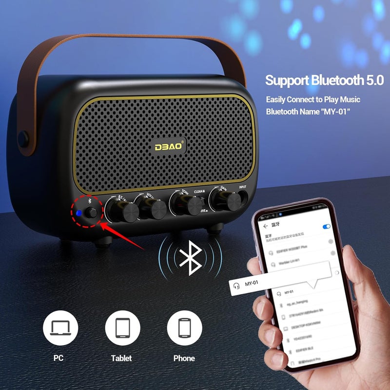Dalonfy مضخم صوت صغير للجيتار الكهربائي 5 واط مع مكبرين قابل لإعادة الشحن ومحمول مع تأثيرات نظيفة وعالية الصوت وبلوتوث - Image 3